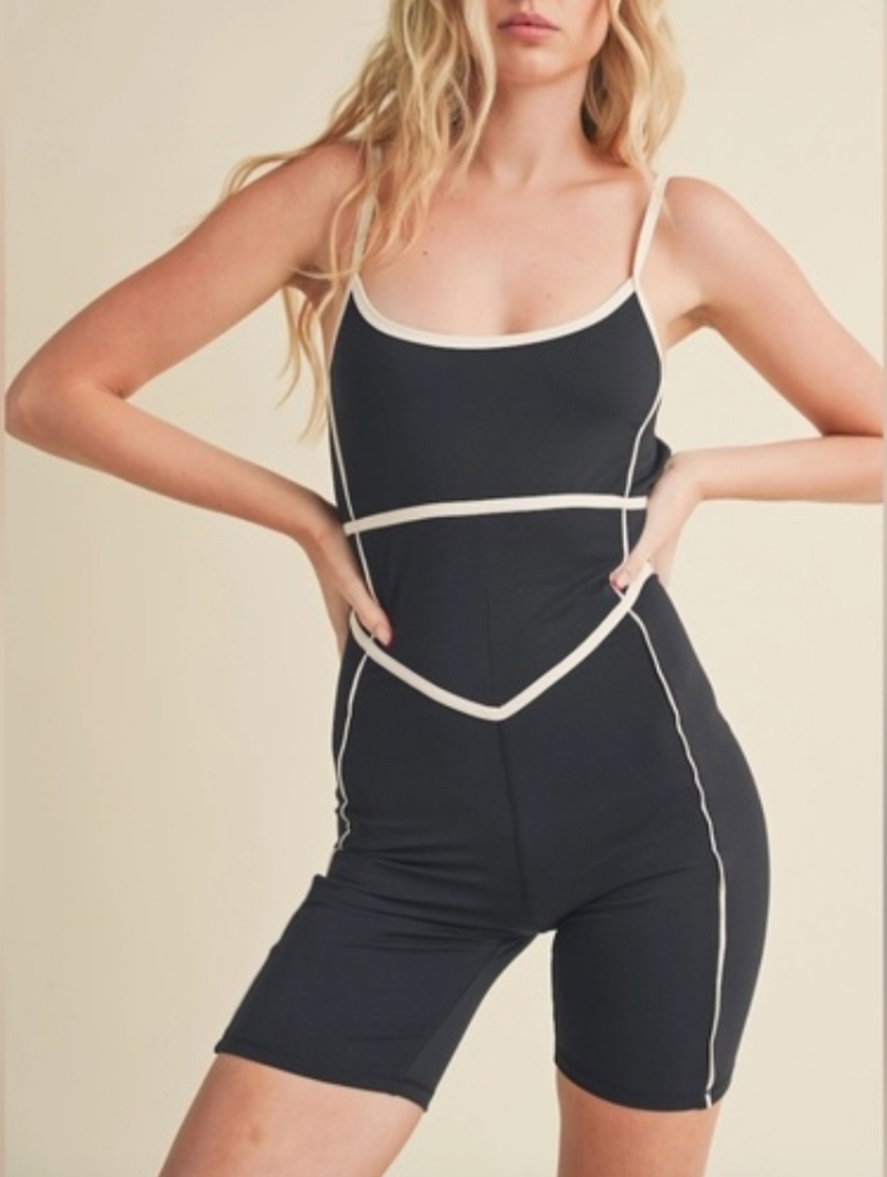 Black Contrast-Trim Spaghetti Strap Romper